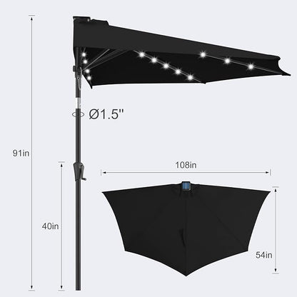 FLAME&SHADE 9 FT Solar Half Patio Umbrella with 25 LED Lights, Half Outdoor Umbrella with Button Tilt, Half Round Table Umbrella For Deck, Backyard, Balconies, Decks, Rvs, UV Protection (Black)