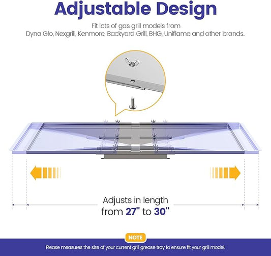 Geesta Grill Grease Tray Set, Stainless Steel Grill Replacement Parts, 27" - 30" Adjustable Grill Drip Pans Fit for Gas Grill from Dyna Glo, Nexgrill, Backyard Grill, Expert, BHG, Kenmore and More