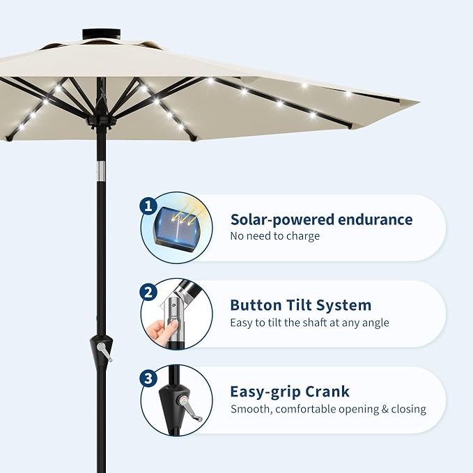 Garvee 9FT Solar Patio Umbrella with 32 LED Lights - Outdoor Table Umbrella with Crank Lift, Push Button Tilt and 8 Sturdy Ribs - Market Umbrella UV Protection for Pool, Deck, Yard, Garden -Beige
