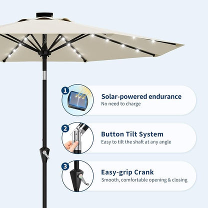 Garvee 9FT Solar Patio Umbrella with 32 LED Lights - Outdoor Table Umbrella with Crank Lift, Push Button Tilt and 8 Sturdy Ribs - Market Umbrella UV Protection for Pool, Deck, Yard, Garden -Beige