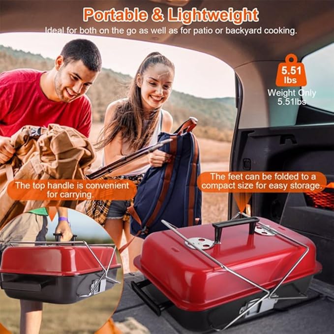 Portable Charcoal Grill, 19.7" Foldable BBQ Grill with Lid & Handle, 7 Air Vents, Compact Grill for Camping, Picnic, Backyard and Outdoor Cooking
