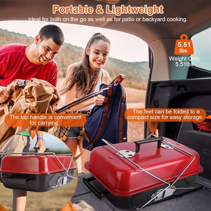 Portable Charcoal Grill, 19.7" Foldable BBQ Grill with Lid & Handle, 7 Air Vents, Compact Grill for Camping, Picnic, Backyard and Outdoor Cooking