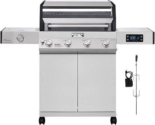 Monument Grills Denali Series, Denali 405 4-Burner Liquid Propane Gas Smart bbq Grill Stainless Steel with Rotisserie Kit(2 items)