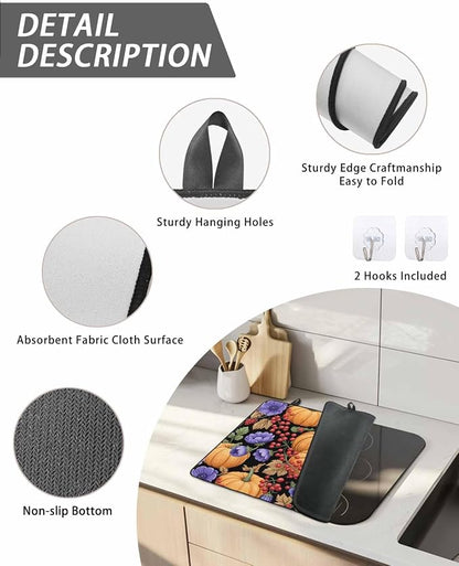 Orange Pumpkin Fall Stove Top Cover for Electric Stove,Thanksgiving Purple Floral Berry Farmhouse Heat-proof & Non Slip Glass Top Stove Cover Protector,Kitchen Flat Cooktop Rubber Mat 28.5x20.5 Inches