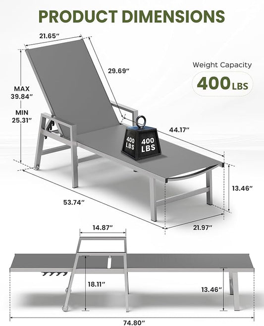 Patio Chaise Lounge Chair Outdoor Set of 2 with Wheels&Armrests, Aluminum Pool Lounge Chairs Five-Position Adjustable Recliner, Outdoor Beach Lounge Chairs for Poolside, Lawn, Deck, Yard, Dark Gray