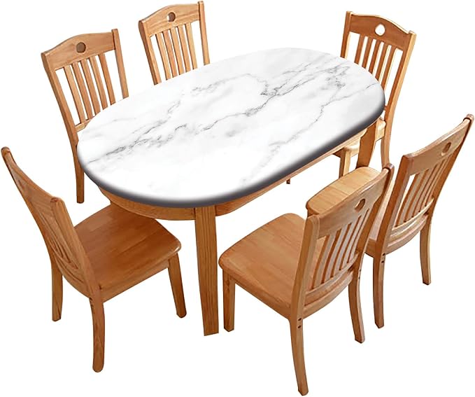 Marble Oval Fitted Tablecloths,Rock Grey Dust Marble Pattern Elastic Edged Table Covers,Fits to 60'' x 84'' Table,Great Kitchen Dinning Tabletop or Outdoor Picnic Party Camping Décor