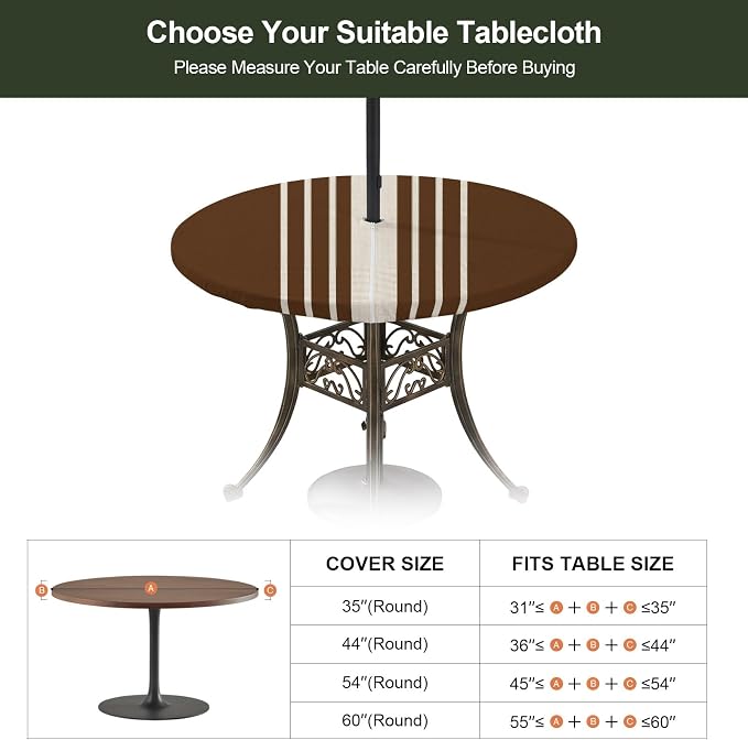 Outdoor Fitted Tablecloth with Umbrella Hole and Zipper, Brown Beige Striped Elastic Round Patio Table Cover, Farmhouse Retro Lines Modern Windproof Table Protector for Backyard BBQ Party 55''-60''