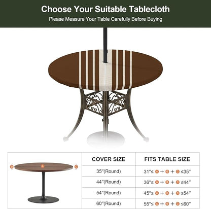 Outdoor Fitted Tablecloth with Umbrella Hole and Zipper, Brown Beige Striped Elastic Round Patio Table Cover, Farmhouse Retro Lines Modern Windproof Table Protector for Backyard BBQ Party 36''-44''