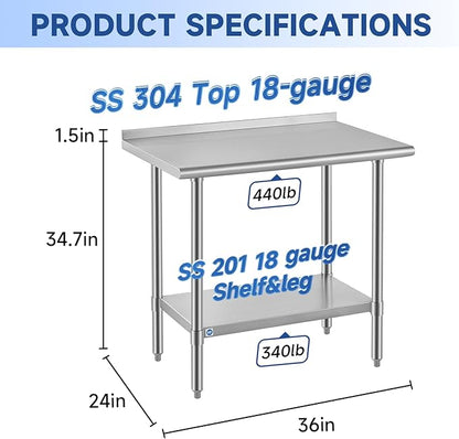 ROCKPOINT SS304 Top All Stainless Steel Table for Prep & Work with Backsplash 24x36 Inches, NSF Commercial Kitchen Heavy Duty Table with Adjustable Undershelf for Restaurant,Kitchen, Home and Hotel