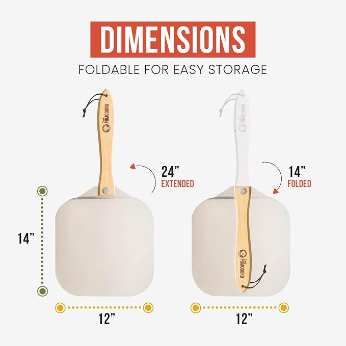 Chef Pomodoro Pizza Peel and Cutter Set, Foldable Handle, 12x14 in | Commercial-grade Aluminum, Foldable Wood Handle; Pizza Spatula/Paddle for Bread & Pastries; Compact for Storage