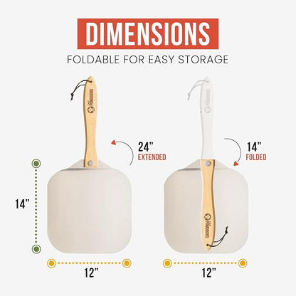 Chef Pomodoro Pizza Peel and Cutter Set, Foldable Handle, 12x14 in | Commercial-grade Aluminum, Foldable Wood Handle; Pizza Spatula/Paddle for Bread & Pastries; Compact for Storage