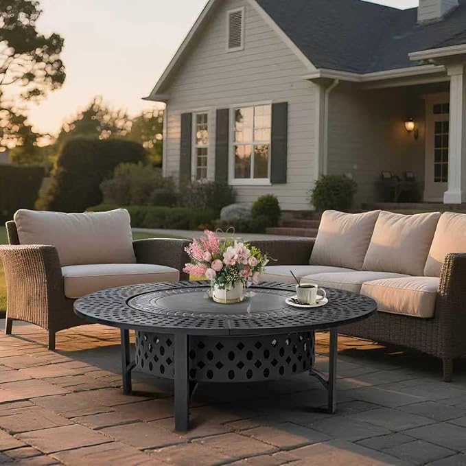 OutVue 47 Inch Fire Pit with 2 Grills, Wood Burning Fire Pits for Outside with Lid & Poker, BBQ& Outdoor Firepit & Round Metal Table 3 in 1 for Patio, Picnic, Party