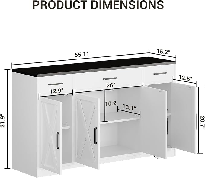 Garvee 55" Large Buffet Sideboard Cabinet, Coffee Bar Cabinet Buffet Table | Buffet Cabinet with Storage 4 Doors and 3 Drawers Kitchen Storage Cabinet for Dining Room, Living Room, Adjustable Shelf