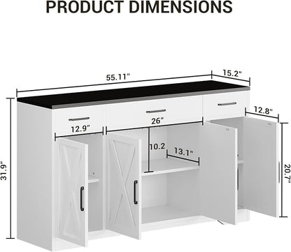 Garvee 55" Large Buffet Sideboard Cabinet, Coffee Bar Cabinet Buffet Table | Buffet Cabinet with Storage 4 Doors and 3 Drawers Kitchen Storage Cabinet for Dining Room, Living Room, Adjustable Shelf