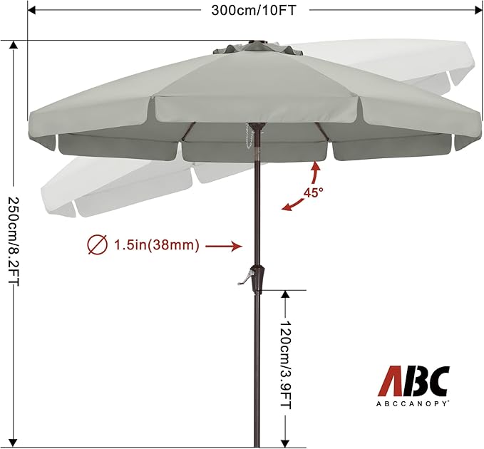 ABCCANOPY 10ft Scalloped Patio Umbrella, Outdoor Table Umbrella with Tilt and Crank, Fiberglass Ribs Deck Umbrella for Patio, Pool, Garden, Picnic (Light Gray)