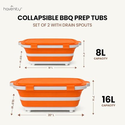 BBQ Prep Tub 2 Pack (8L+16L) - Multifunctional Collapsible Camping Cutting Board with Upgraded Locking Lid, Meal Prep Meat Storage Container Perfect for Grilling, Outdoor (Large + XL)
