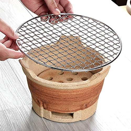 Clay Charcoal Barbecue Grill, Outdoor Table Grill with Stainless Steel Barbecue Net, Old Fashioned Clay Stove for Party Camping Picnic Carbon Furnace,Brown