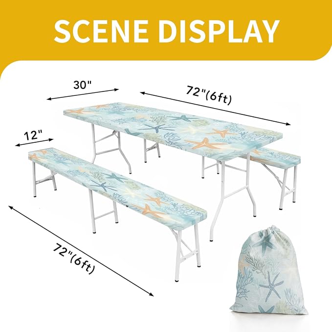 Picnic Table Cover with Bench Covers, 72 X 30 Inch Elastic Fitted Camping Tablecloth with Strap Design for 6FT Rectangle Tables, Windproof Outdoor Tablecloth Set with Storage Bag