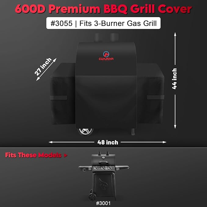 Comnova Grill Cover for Char Griller 3-Burner Gas Grill - 600D Premium Grillin' Pro Grill Cover for Char Griller Waterproof & Heavy Duty, Fits Grillin' Pro 3001 Models - 48" L x 27" W x 44" H (3055)
