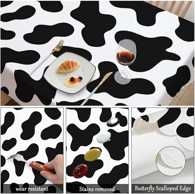 Swono Cow Table Covers 52x70 Inch Farm Cattle Cow Skin Print Black White Spots Wipeable Tablecloth Kitchen Dinning Tabletop Decoration, Table Cloth for Outdoor and Indoor Use