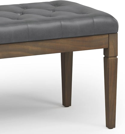 SIMPLIHOME Dahlia 18" x 46" Solid Wood Outdoor Indoor Bench in Taupe | Traditional tufted ottoman bench with carved legs; ideal bedroom or living room footstool or footrest.