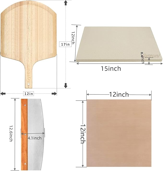 4 PCS Rectangle Pizza Stone Set, 15" Large Pizza Stone for Oven and Grill with Pizza Peel(OAK), Pizza Cutter & 10pcs Cooking Paper for Free, Baking Stone for Pizza, Bread,BBQ | Complete pizza stone set:15 x 12 inch Baking stone and pizza peel,Pizza Cut...