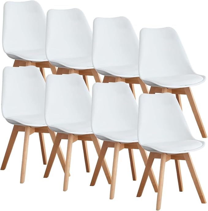 OLIXIS Modern Dining Chairs Set of 8, Plastic Kitchen Chairs with Wood Legs and Backrest, Lightweight Side Chair for Bedroom, Living Room, Apartment, White