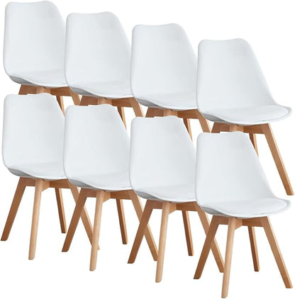 OLIXIS Modern Dining Chairs Set of 8, Plastic Kitchen Chairs with Wood Legs and Backrest, Lightweight Side Chair for Bedroom, Living Room, Apartment, White