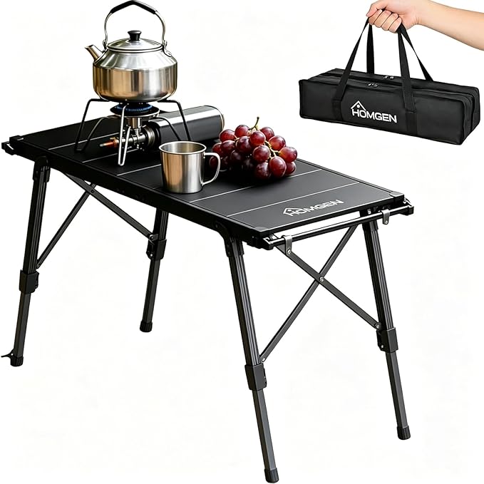 eSynic Portable IGT Camping Table-Adjustable Height 15-21.6 inch-Aluminum Stable Outdoor Table with Side Hanging Bars- 7* IGT Compatible (0.5 Unit)-Foldable Compact for Car Camping BBQ Picnic Family
