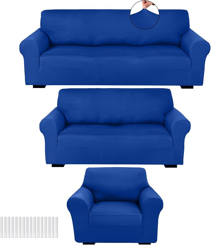 Peryiter 3 Pcs Couch and Loveseat Sofa Covers,Blue,Milk Silk | Armchair Covers for Living Room, Sofa Cushion Slipcover, Furniture Protector, Polyester and Spandex, Washable