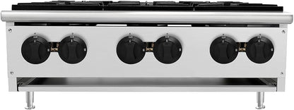 Commercial Countertop Gas Hot Plate Burner,NG LP Convertible Stove with Independent Controls,Standing Pilot Ignition,Cast Iron Grates,Adjustable Legs for Restaurant Prep Cooking (Silver,6 Burner)