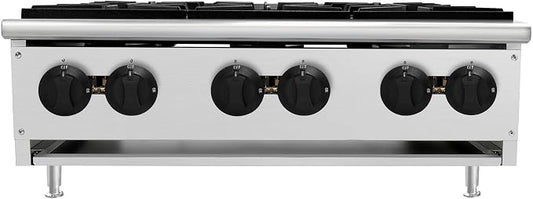 Commercial Countertop Gas Hot Plate Burner,NG LP Convertible Stove with Independent Controls,Standing Pilot Ignition,Cast Iron Grates,Adjustable Legs for Restaurant Prep Cooking (Silver,6 Burner)