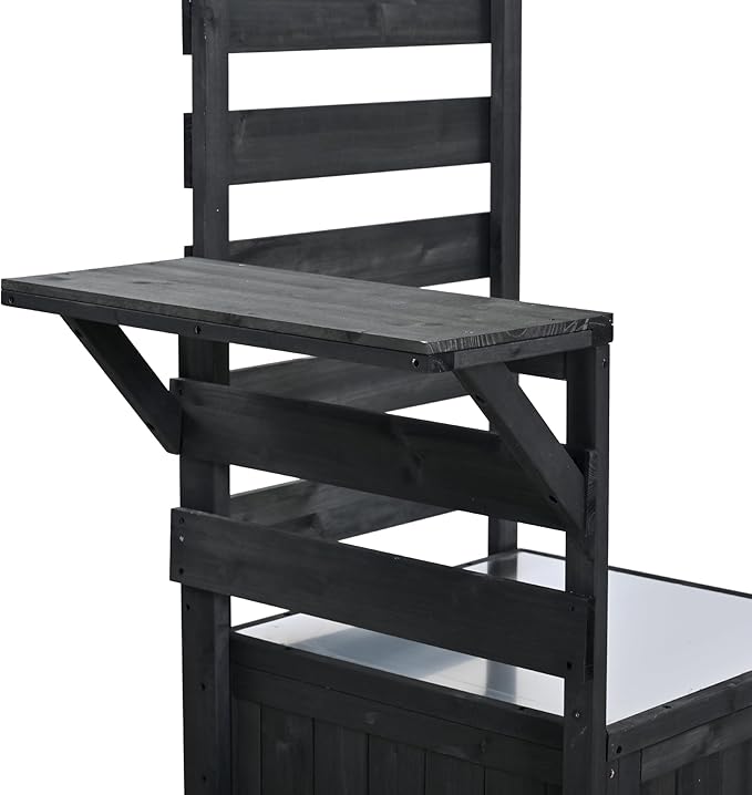 GDFStudio Elshire Patio Kitchen Island Cart with Storage, Wooden Outdoor Storage Cabinet with Stainless Steel BBQ Prep Table Top, Drawers, Raised Shelf and Lockable Wheels, Garden Potting Bench, Black