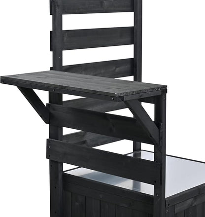 GDFStudio Elshire Patio Kitchen Island Cart with Storage, Wooden Outdoor Storage Cabinet with Stainless Steel BBQ Prep Table Top, Drawers, Raised Shelf and Lockable Wheels, Garden Potting Bench, Black