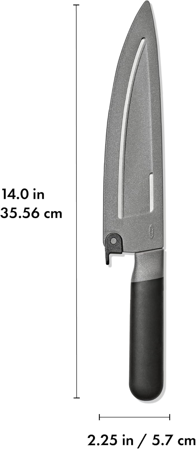 OXO Good Grips 8 in Chef’s Knife with Locking Sheath, Sharp Stainless Steel Kitchen Knife for Chopping, Dicing, and Mincing Herbs and Meat, Cooking Essential with Protective Cover