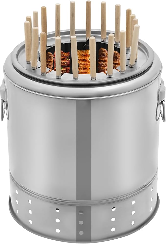 Portable Smokeless Charcoal Barrel Grill, Stainless Charcoal BBQ Grill Barrel 360 Vertical Barrel Grills Charcoal Barbecue Grill Stainless Steel Barrel Charcoal Smoker with 20 Skewers for 3-6 People