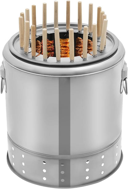 Portable Smokeless Barbecue Charcoal Barrel Grill, 2-In-1 Stainless Steel Surround Charcoal kebab Grill with 20 Skewers for Travel, Outdoor Cooking and BBQ