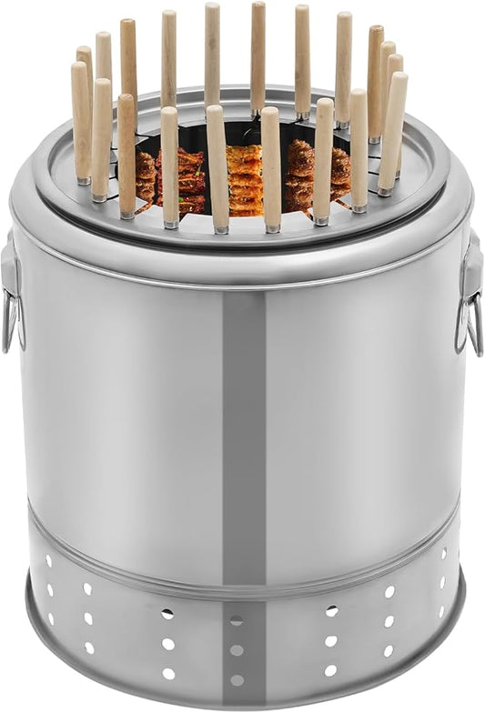 Charcoal Barrel BBQ Grill, 201 Stainless Steel BBQ Grill Mesh Barrel with 20 Kabob Skewers, BBQ Hanging Stove Camping Barbecue Rack for Vegetables and Meat Carbon Barbecue
