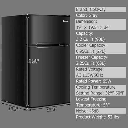 COSTWAY 3.2 Cu.ft. Mini Fridge with Freezer for Bedroom, Dorm, Office | Small Compact Refrigerator with Reversible 2-Door, Adjustable Temperature, LED Lights, Removable Glass Shelves, Black
