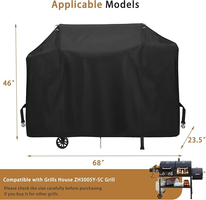 BBQ Grill Cover for Grills House ZH3005Y-SC 2-Burner Gas and Charcoal Combo Grill, Waterproof 600D Outdoor Propane Barbecue Covers Smoker Covers- 68" L x 23.5" W x 46" H