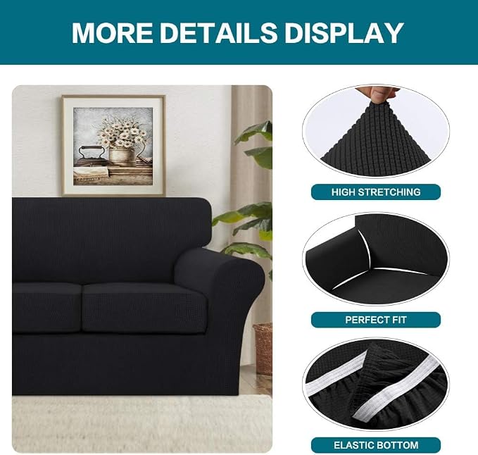 Turquoize 4 Piece Sofa Covers for 3 Cushion Couch Sofa Slipcover Soft Couch Cover for Dogs Washable Furniture Cover with 3 Individual Large Cushion Covers Feature Fabric (Large Sofa, Black)