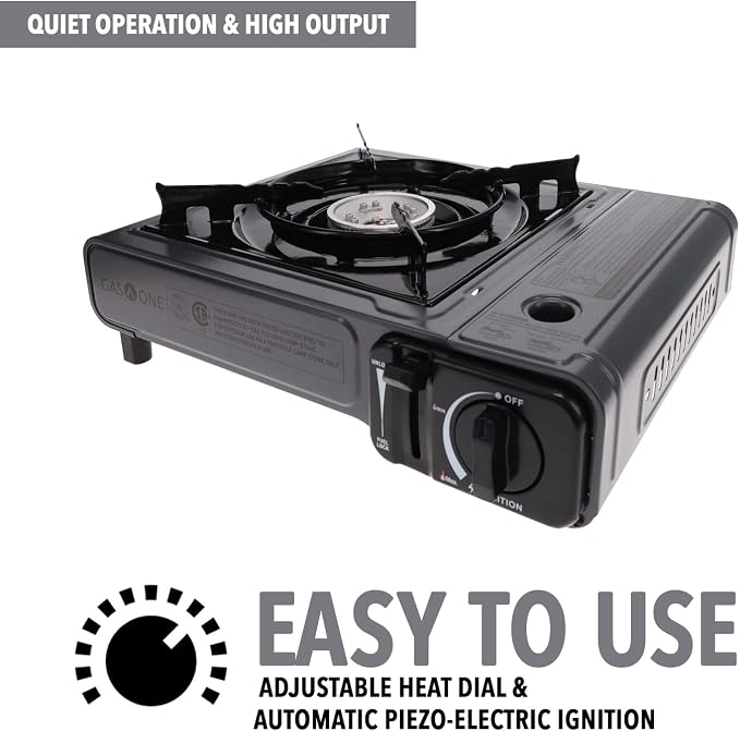 GasOne Portable Butane Camping Stove with Case + 4 Fuel Canister Catridge: Automatic Ignition, Precise Heat Control - Camping & Tailgating and Outdoor Cooking