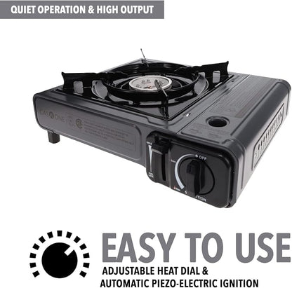 GasOne Portable Butane Camping Stove with Case + 4 Fuel Canister Catridge: Automatic Ignition, Precise Heat Control - Camping & Tailgating and Outdoor Cooking