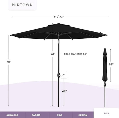 Midtown Umbrellas - 10-Year-No-Fade 6 Ft Patio Umbrella with Terylast Fabric, Auto-Tilt Aluminum Frame and 8 Reinforced Ribs for Deck, Pool, Garden & Beach - Ebony Black Canopy, Black Pole