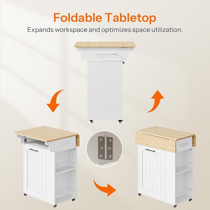 HOOBRO Kitchen Island with Trash Can Storage, Rolling Kitchen Island with Drop Leaf Countertop, Island Table with Power Outlet & Spice Rack, for 10 Gallon Garbage Bin, White and Natural WN33UZD01