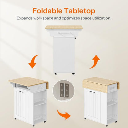 HOOBRO Kitchen Island with Trash Can Storage, Rolling Kitchen Island with Drop Leaf Countertop, Island Table with Power Outlet & Spice Rack, for 10 Gallon Garbage Bin, White and Natural WN33UZD01