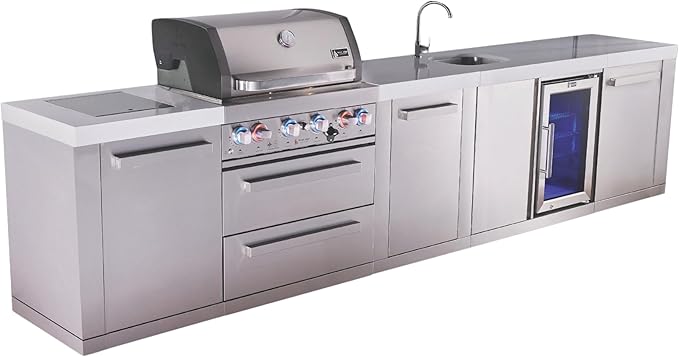 Mont Alpi Premium 145"W x 23"D x 46"H Stainless Steel Outdoor Kitchen Island with Refrigerator + Faucet and Sink Combo + 32"W 4-Burner BBQ Gas Grill + Granite Countertops + Storage Cabinets + Drawers