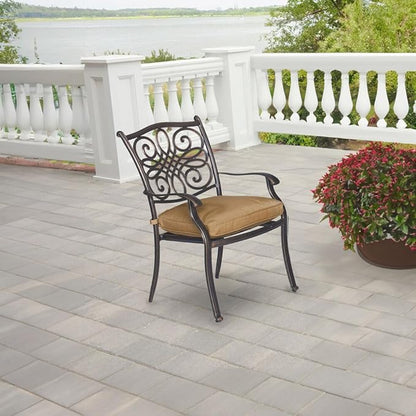 Hanover Traditions 9-Piece Patio Dining Set with 60" Square Cast-Top Dining Table and 8 Chairs with Tan Cushions, Modern All Weather Outdoor Dining Set with Rust-Resistant Aluminum Frames for Backyard