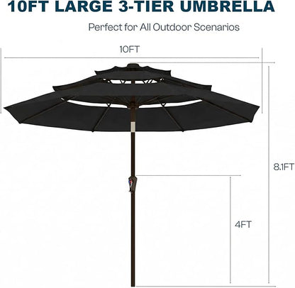 10ft Patio Umbrella, 3 Tier Outdoor Market Table Umbrellas with 8 Fiberglass Ribs and Push Button Tilt, Windproof, Vented Canopy, UV Protection for Deck, Pool, Backyard