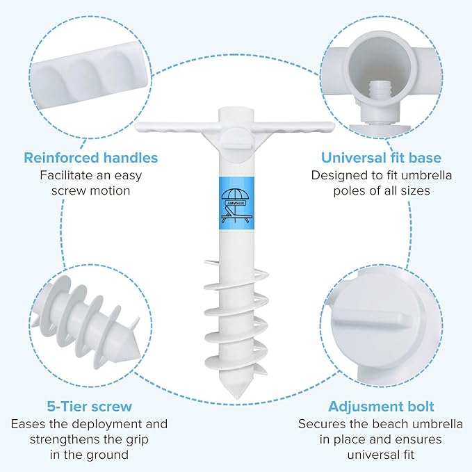 AMMSUN Beach Umbrella Sand Anchor Heavy Duty, Outdoor Umbrellas Base with 5 Spiral Screw, Universal & One Size Fits Most Beach Umbrella, Safe Umbrella Holder Stand Ideal for Strong Winds White